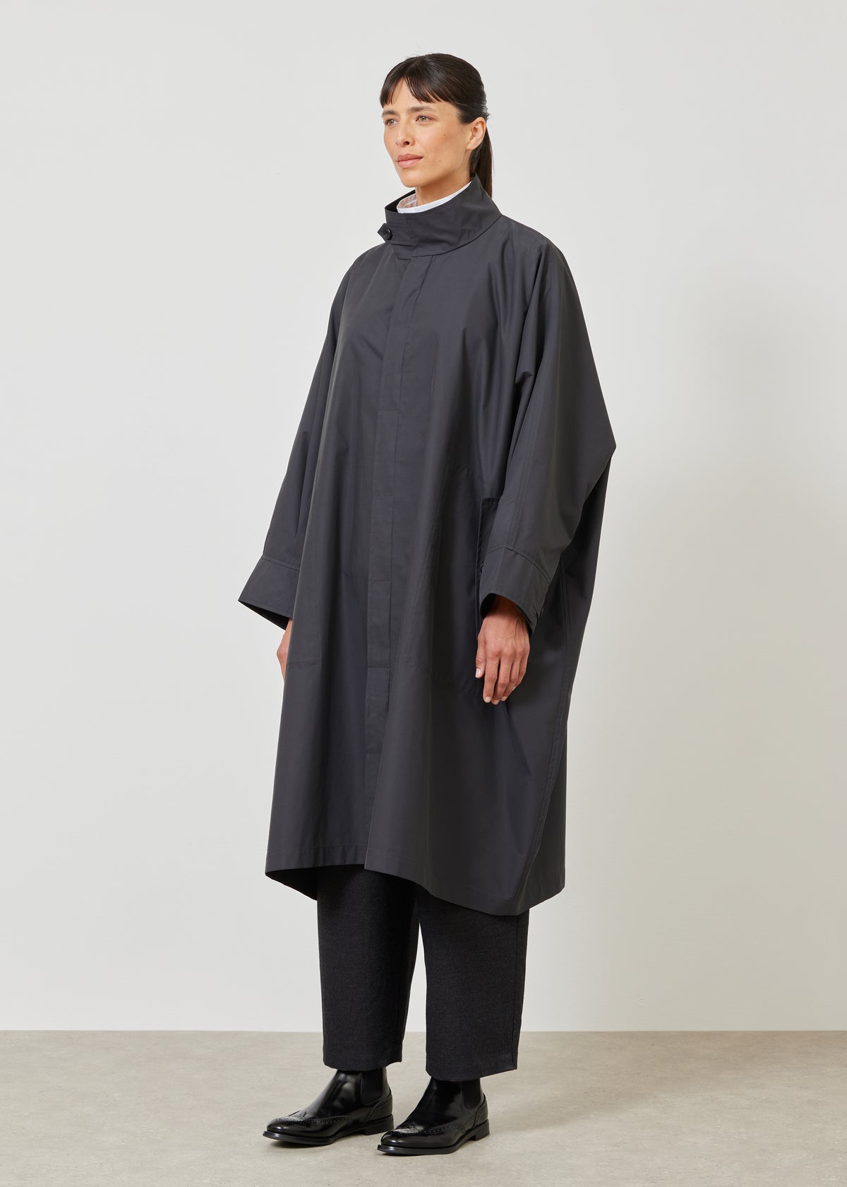 extra wide sloped shoulder raincoat with tabs - 3/4 length