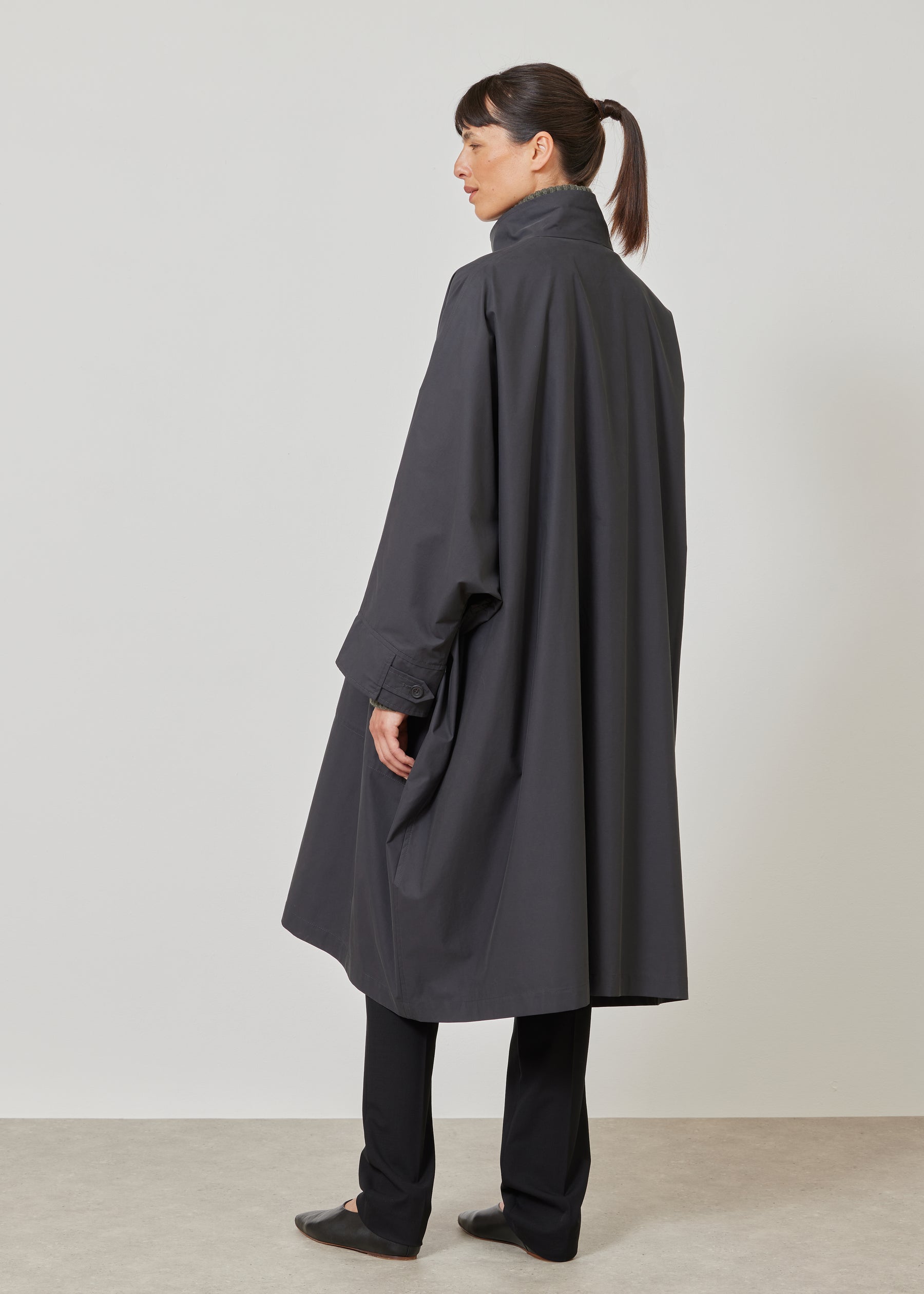 extra wide sloped shoulder raincoat with tabs - 3/4 length