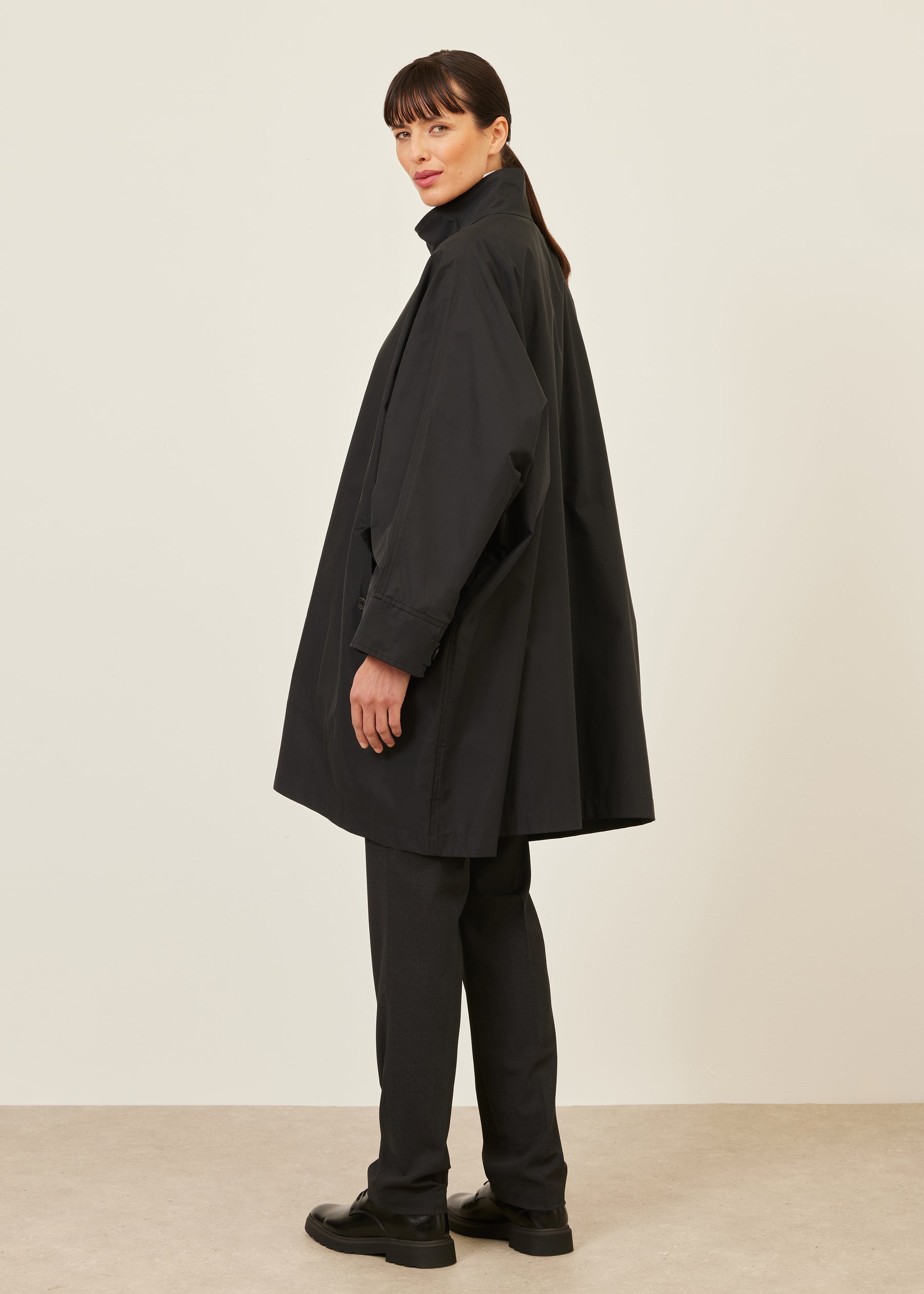 extra wide sloped shoulder raincoat with tabs - very long