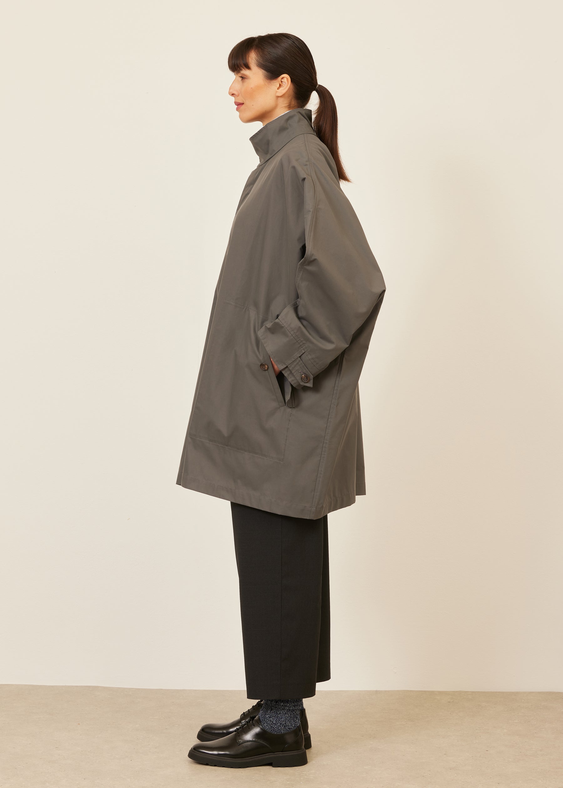 cotton mix extra wide sloped shoulder raincoat with tabs very long