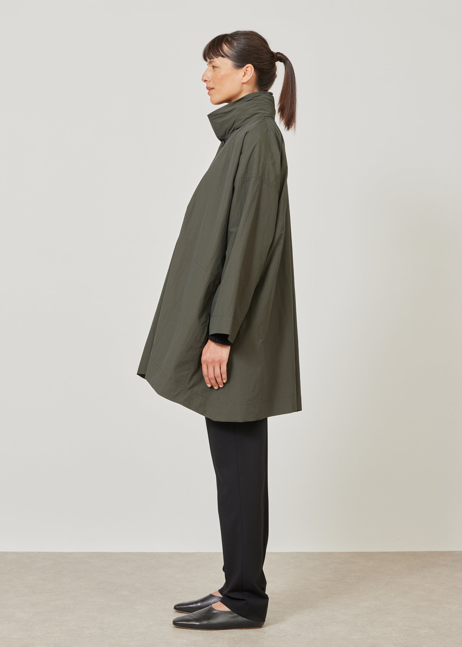 smaller front larger back high neck coat with button away hood - long plus