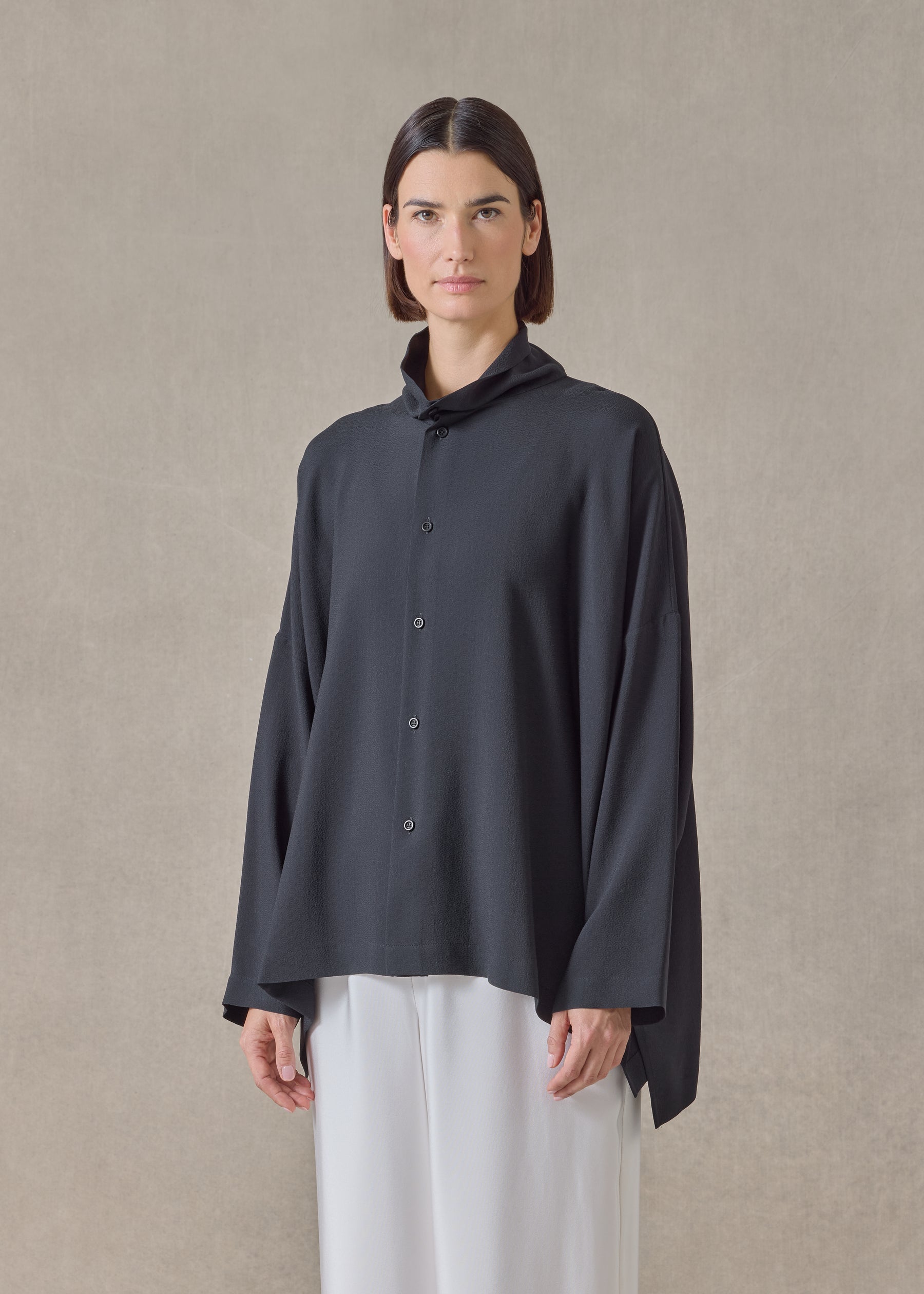 silk wide longer back scrunch neck shirt - mid plus