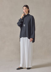 silk wide longer back scrunch neck shirt - mid plus