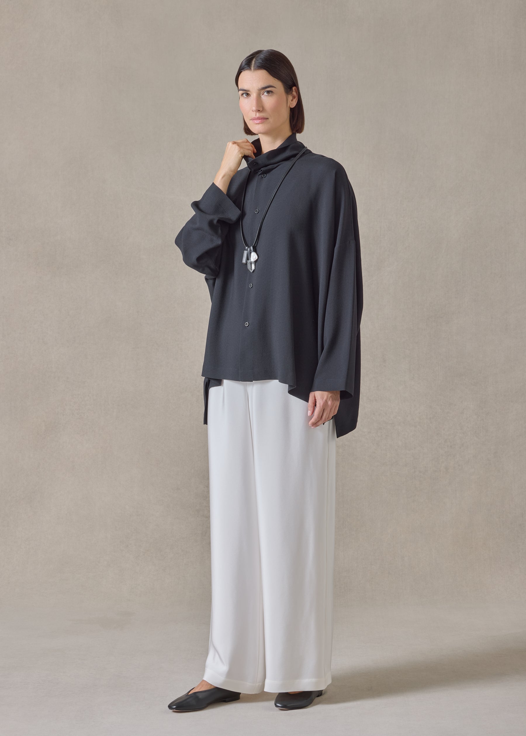 silk wide longer back scrunch neck shirt - mid plus