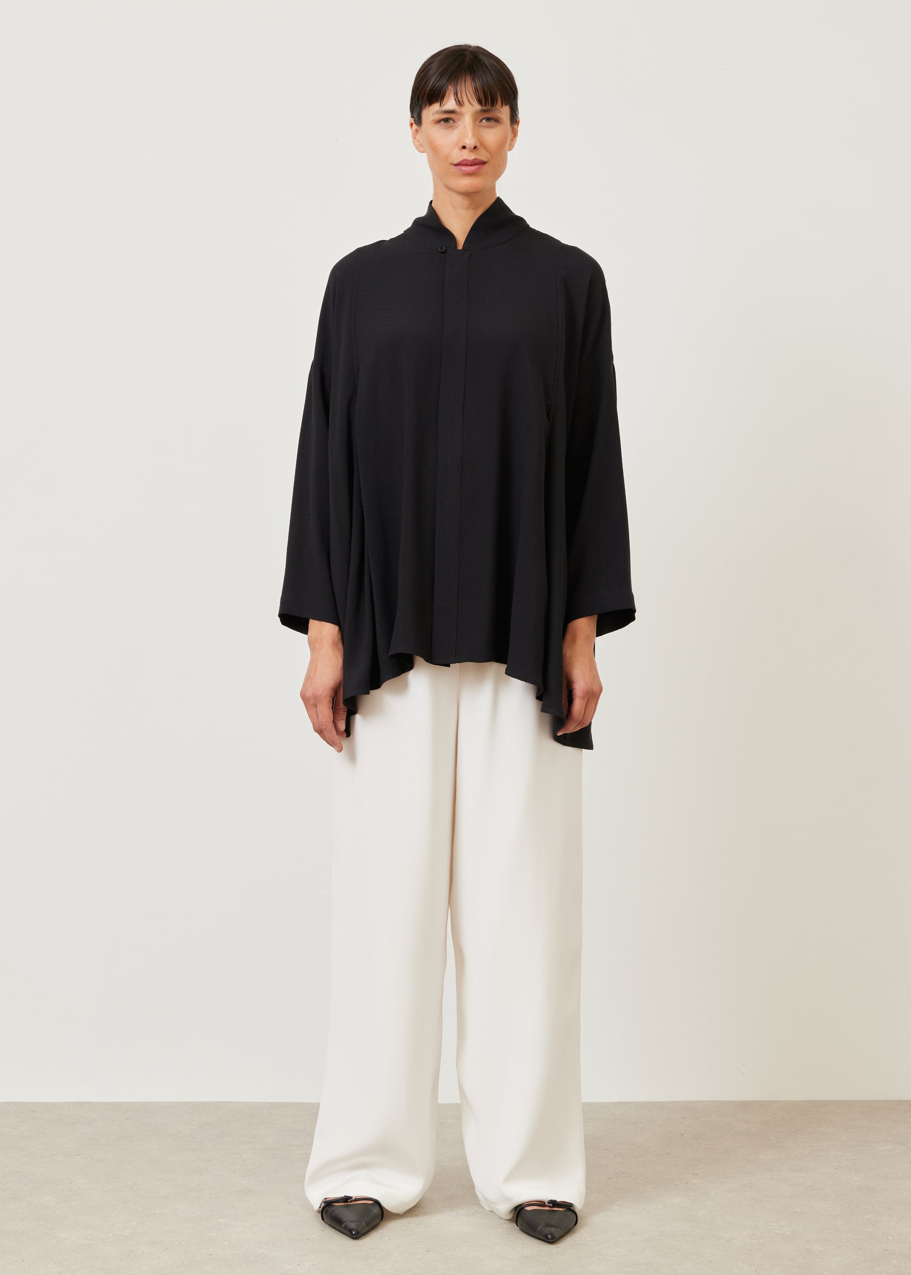 pleated shoulder swing shirt with chinese collar - long plus