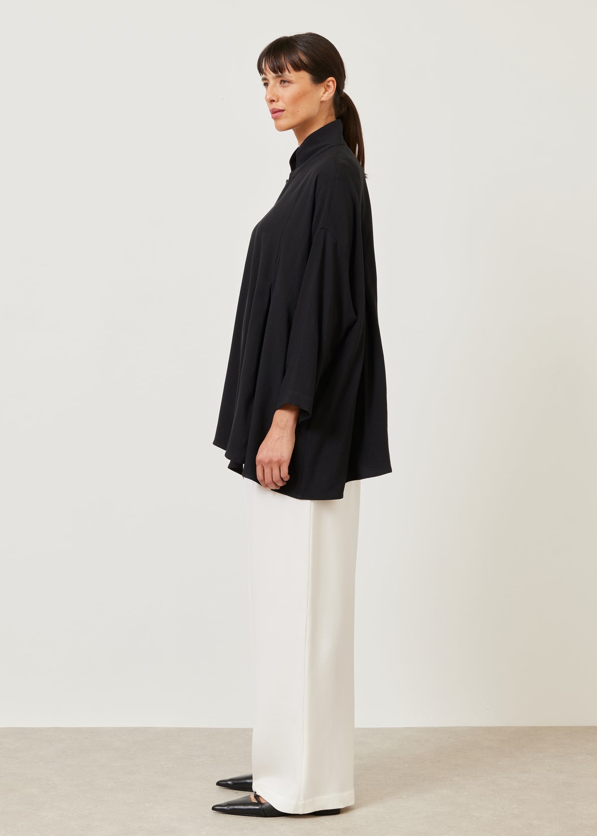 pleated shoulder swing shirt with chinese collar - long plus