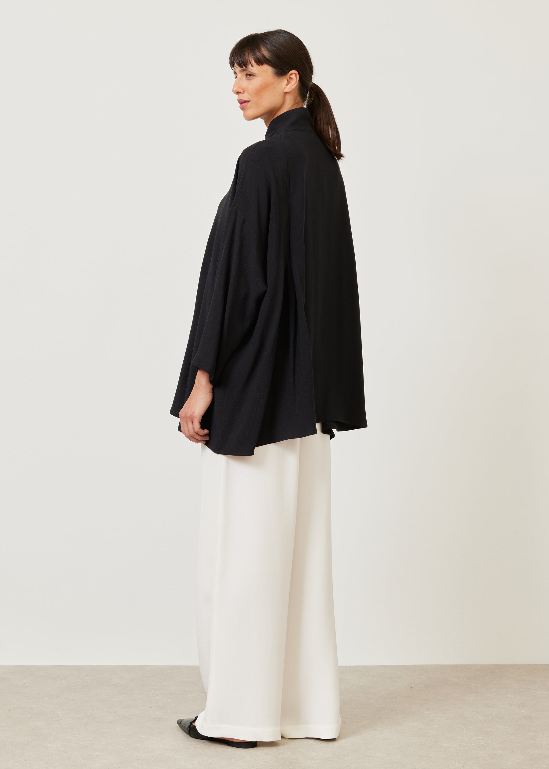 pleated shoulder swing shirt with chinese collar - long plus