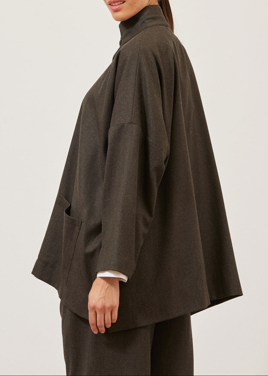 wool flannel wide longer back double stand collar jacket - long
