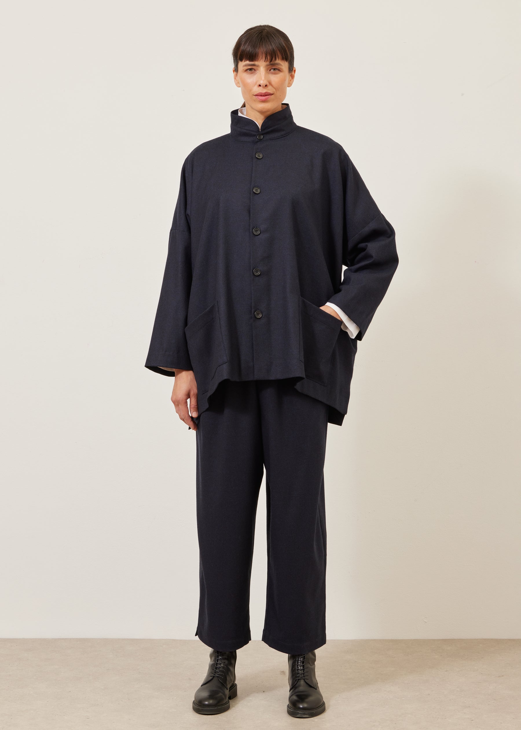 wide longer back double stand collar jacket - long