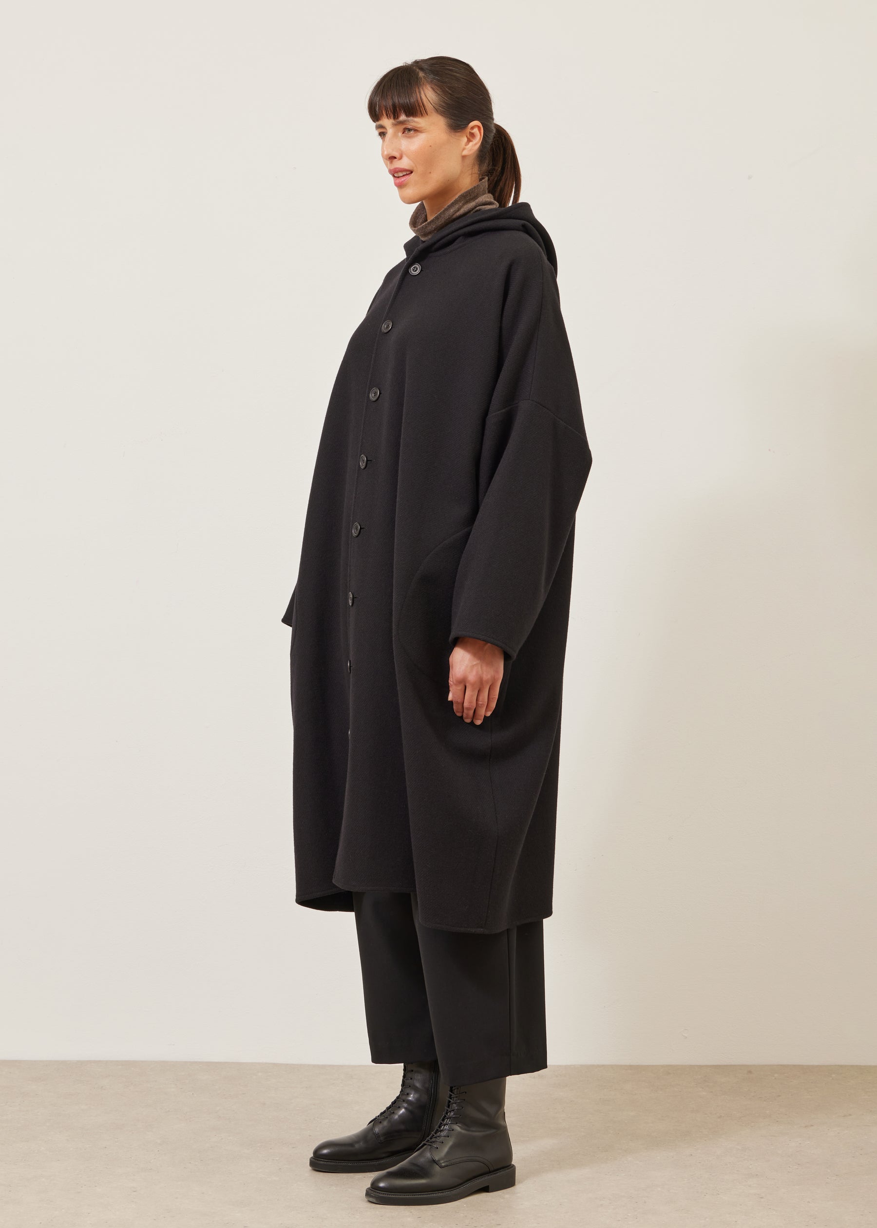 wide hooded buttoned coat - 3/4 length