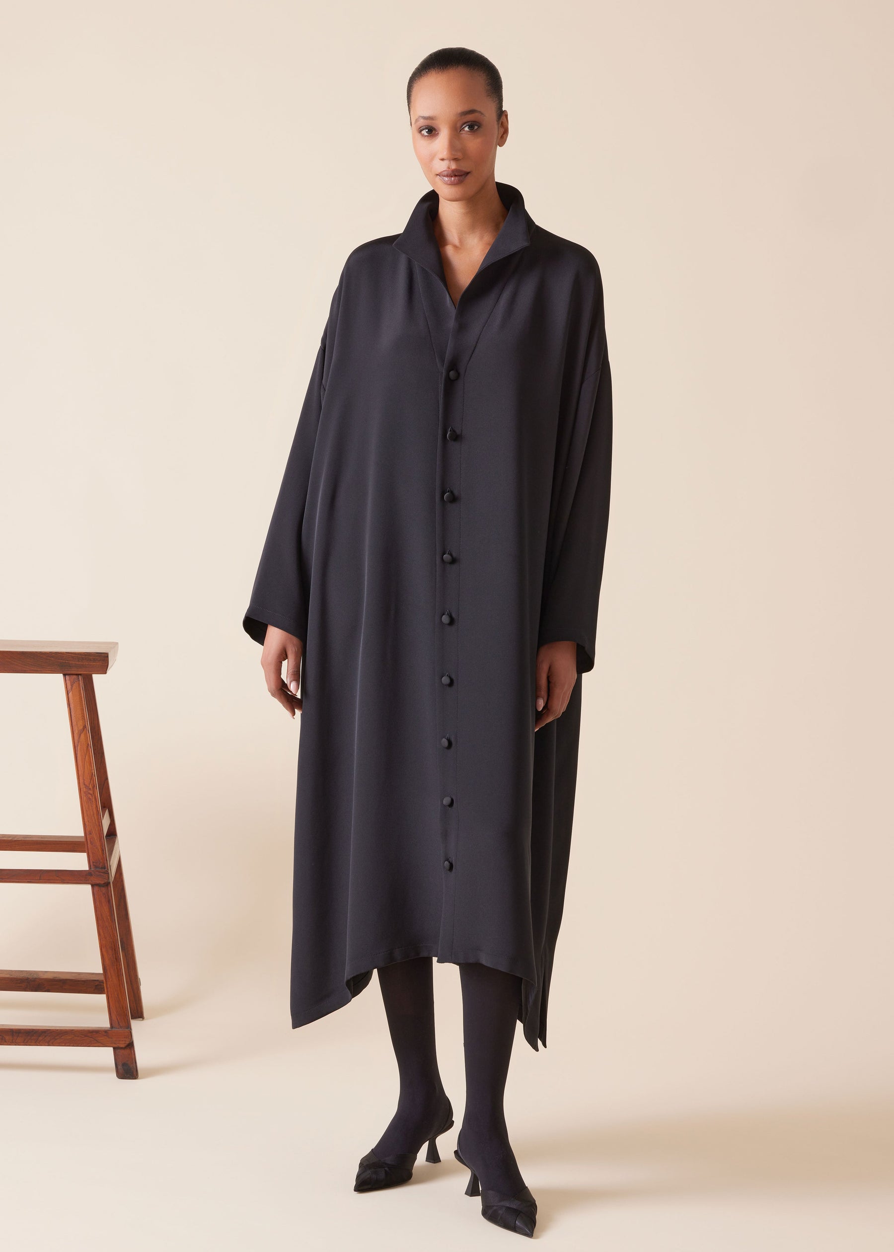 silk wide a-line shirt dress with open standup collar (black) silk wide a-line shirt dress with open standup collar (black)