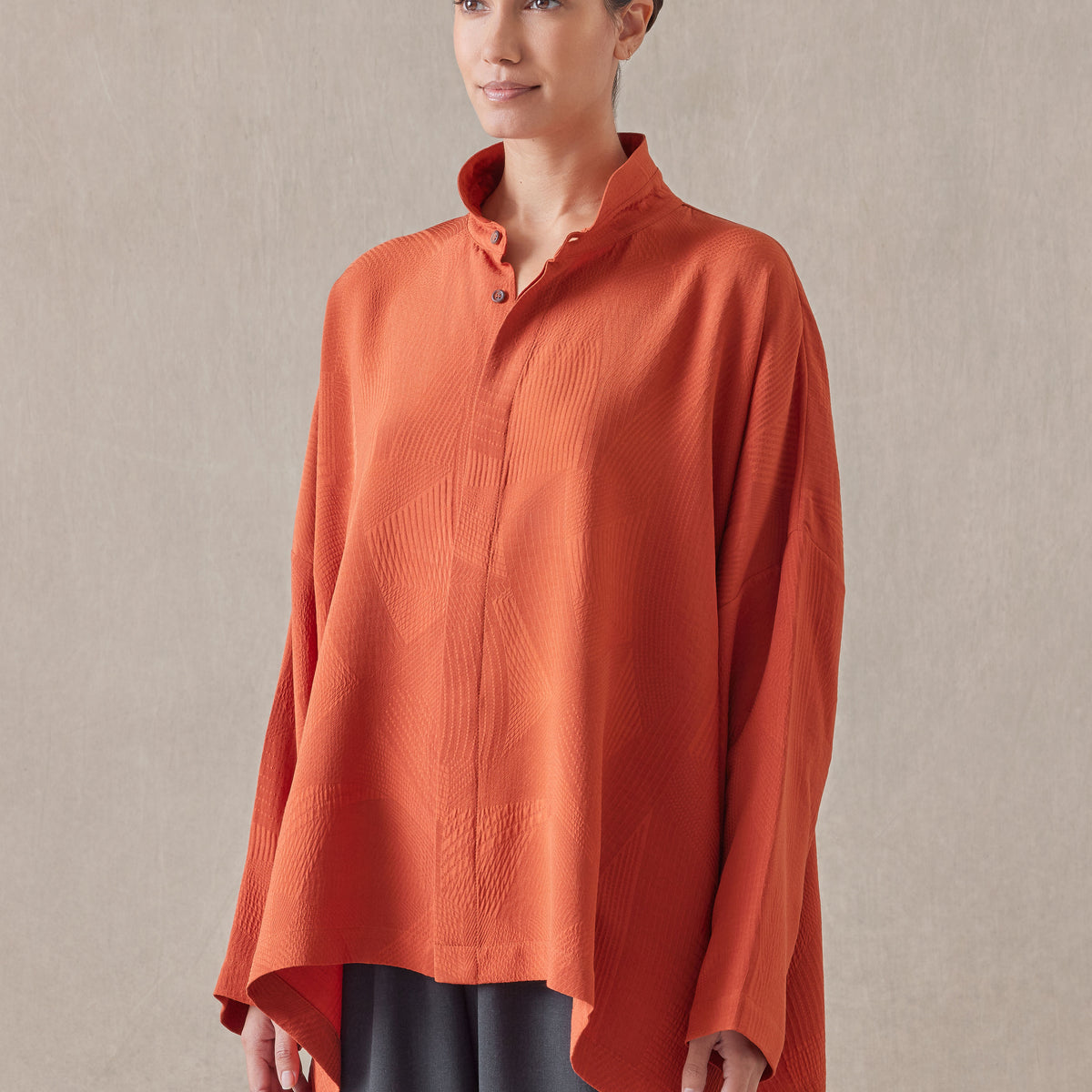 silk wide longer back double stand collar shirt - mid plus