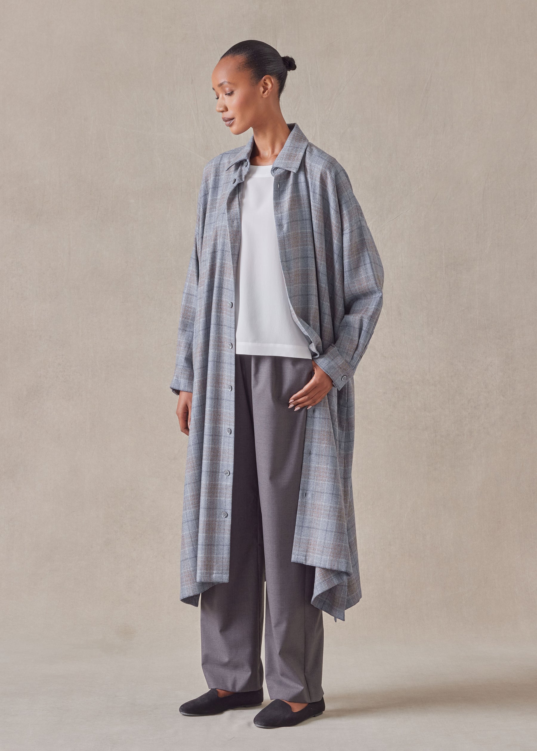wool silk mix wide a-line shirt dress with collar wool silk mix wide a-line shirt dress with collar