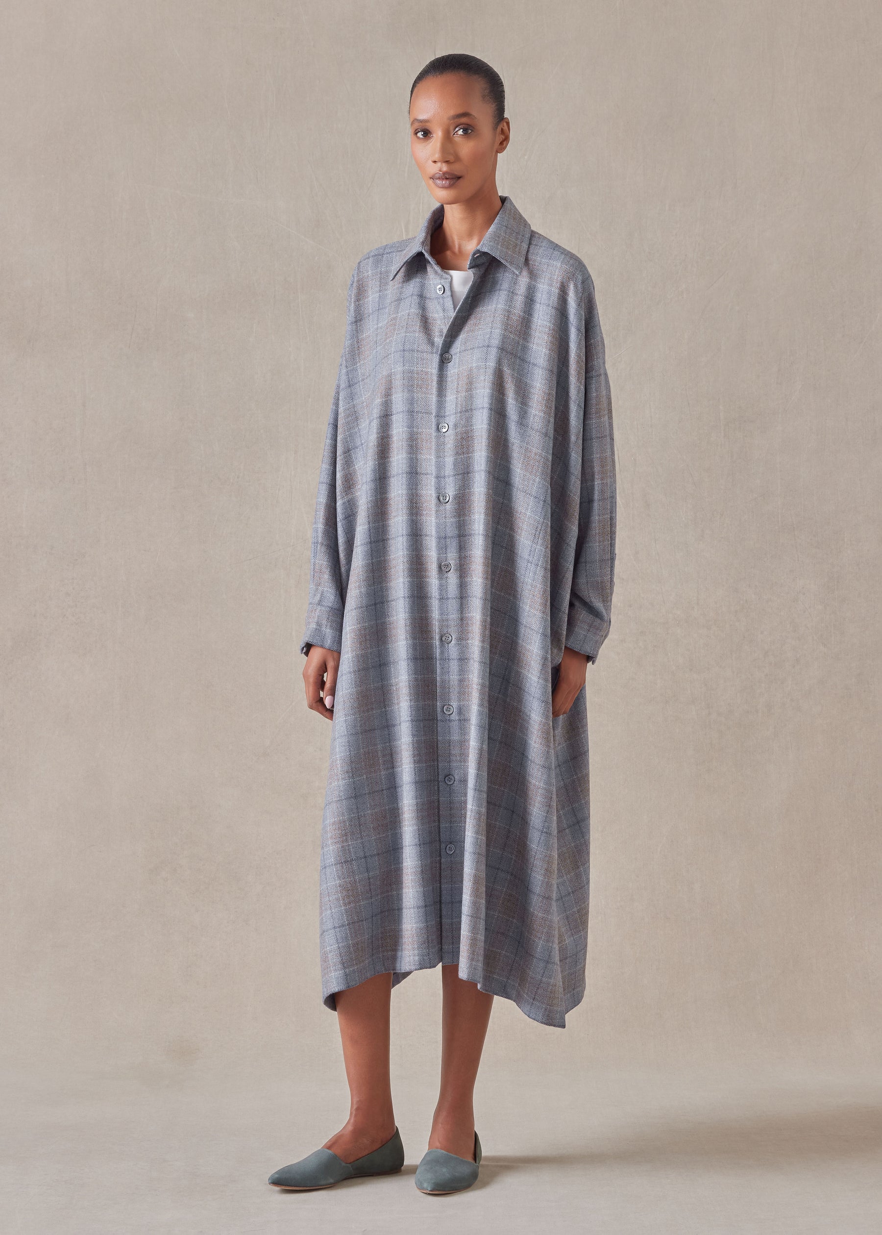 wool silk mix wide a-line shirt dress with collar wool silk mix wide a-line shirt dress with collar