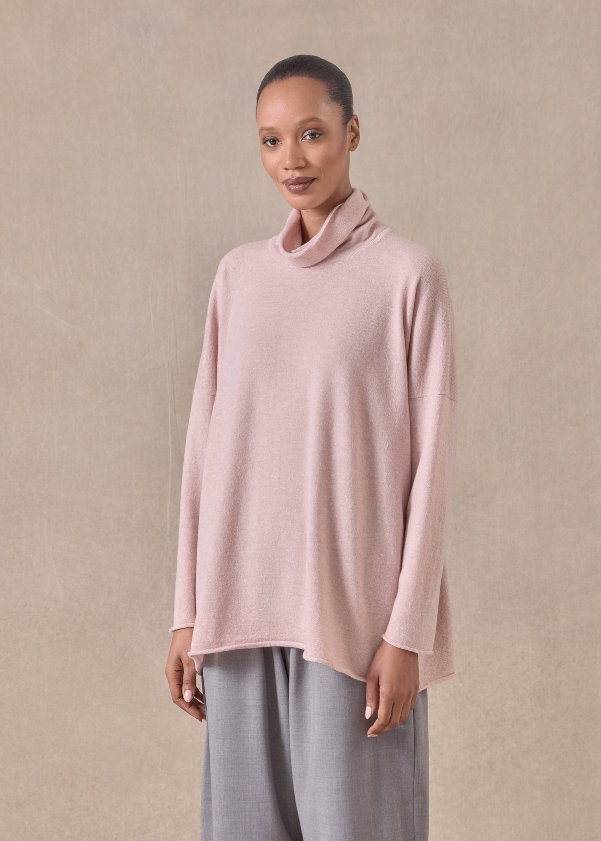 cashmere slim sleeve raw edge scrunch neck sweater - mid plus