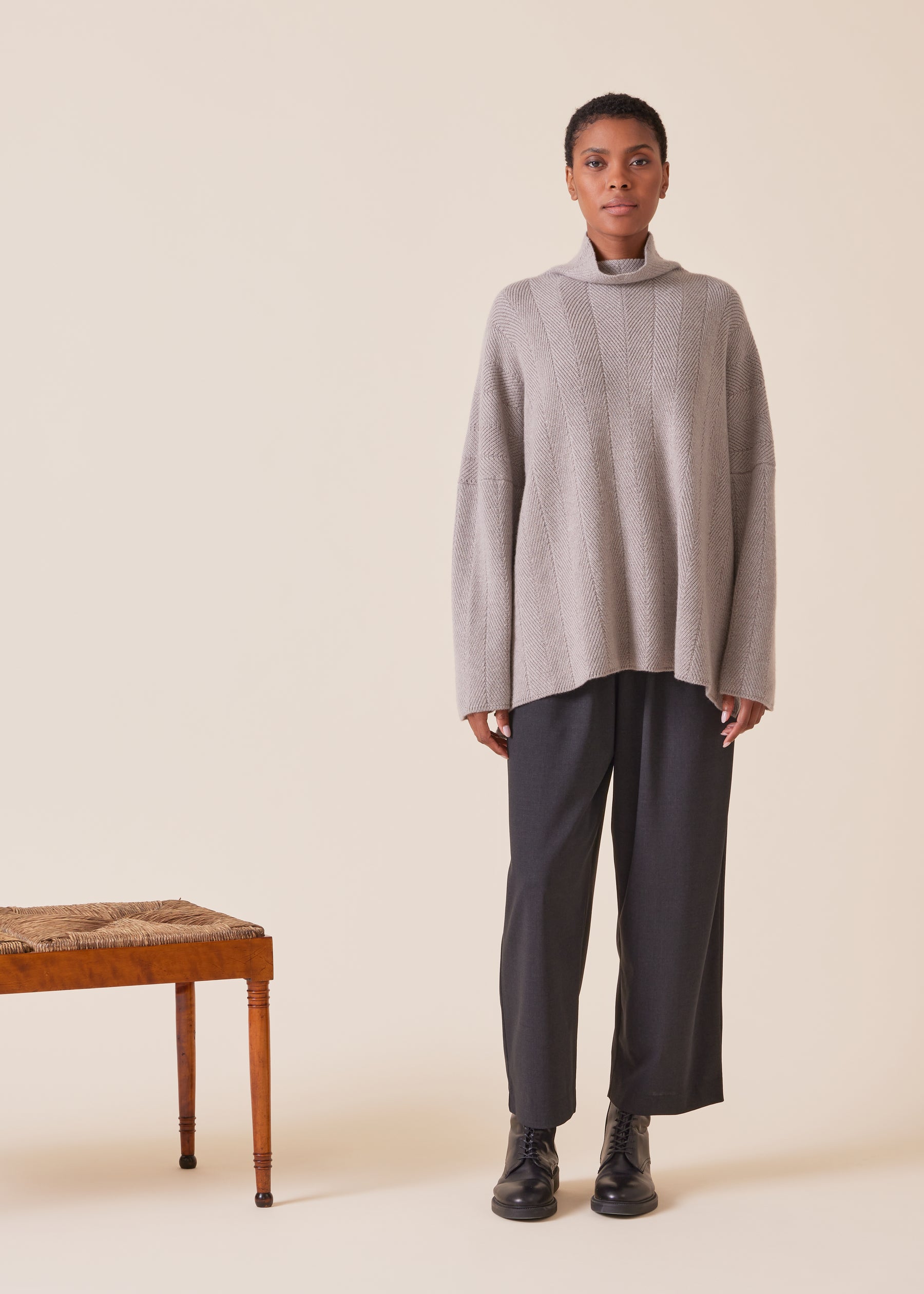 cashmere 3 4 width longer back funnel neck sweater mid