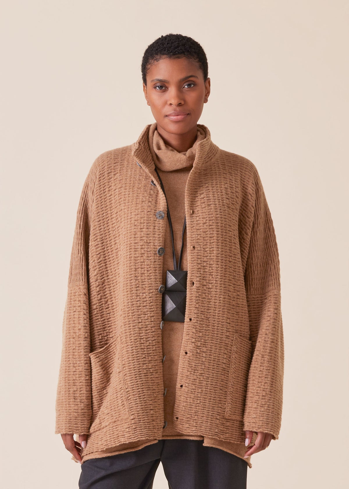 cashmere knitted high neck top with buttons - long