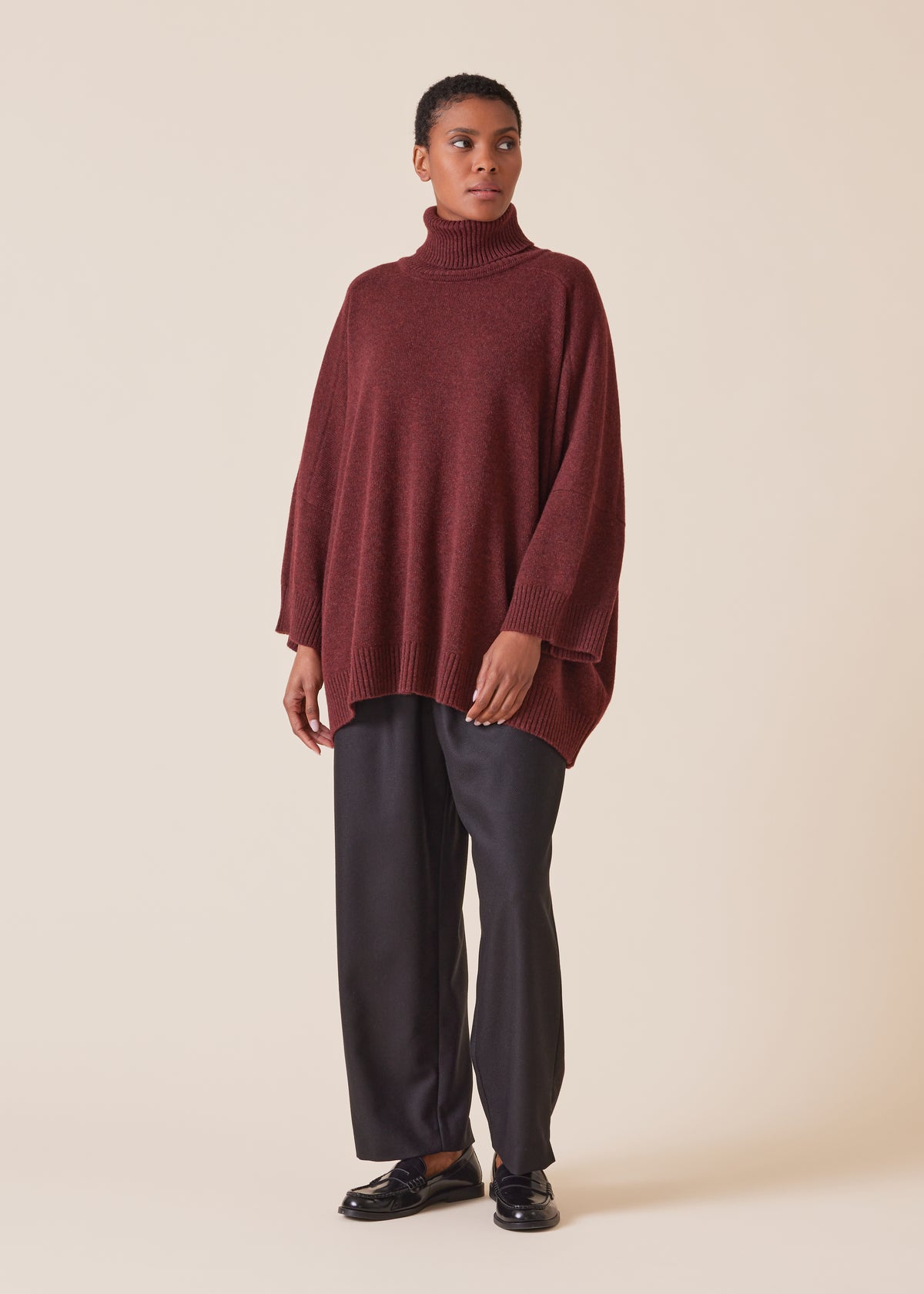 cashmere sloped shoulder roll neck sweater - long