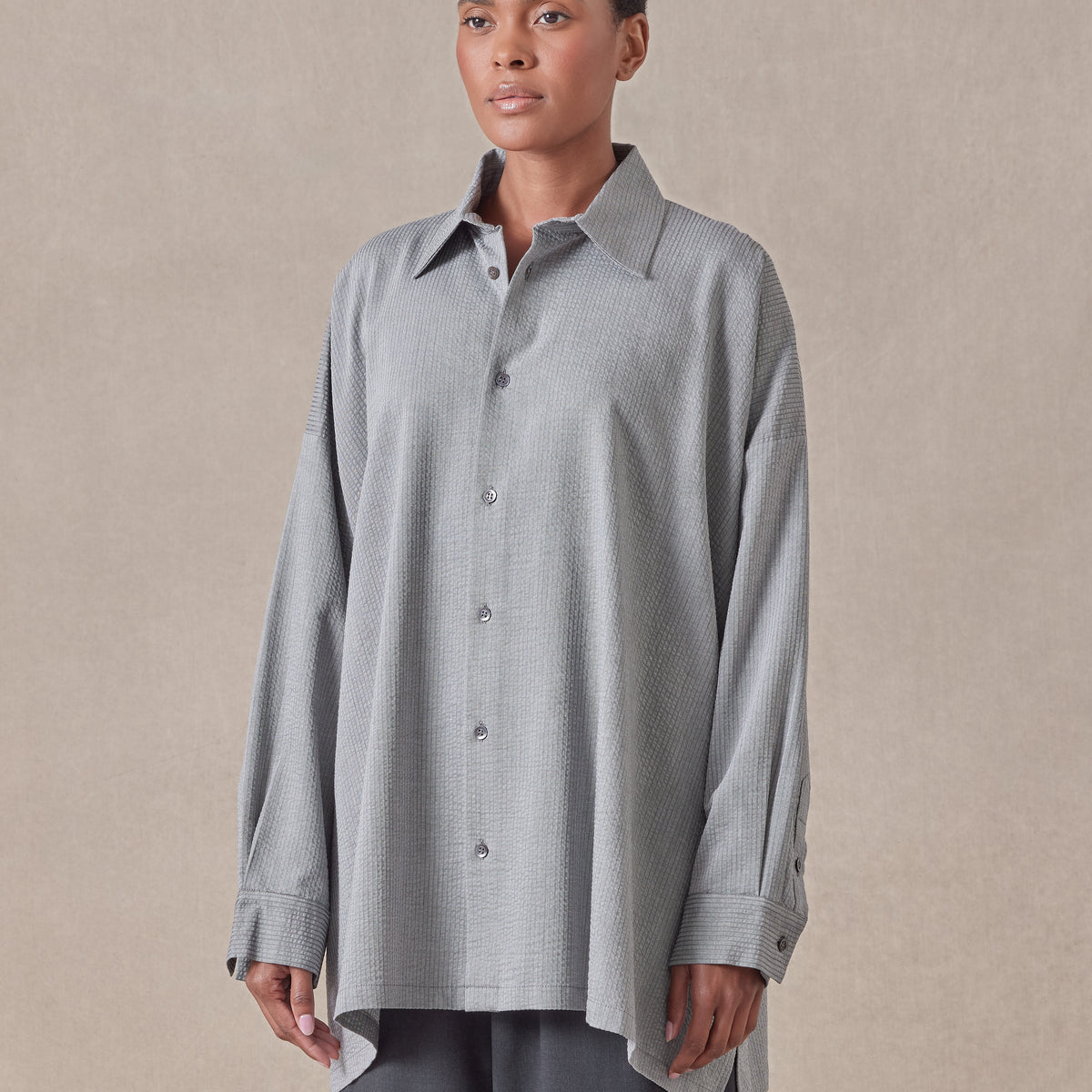 cotton wide a-line shirt with collar - long