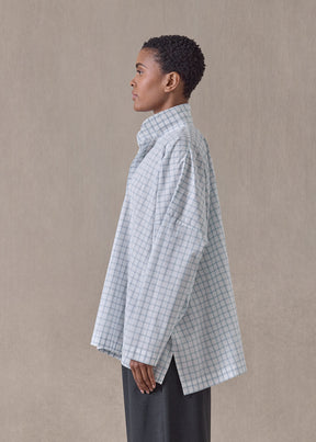 cotton wide longer back double stand collar shirt - mid plus (woadblue)