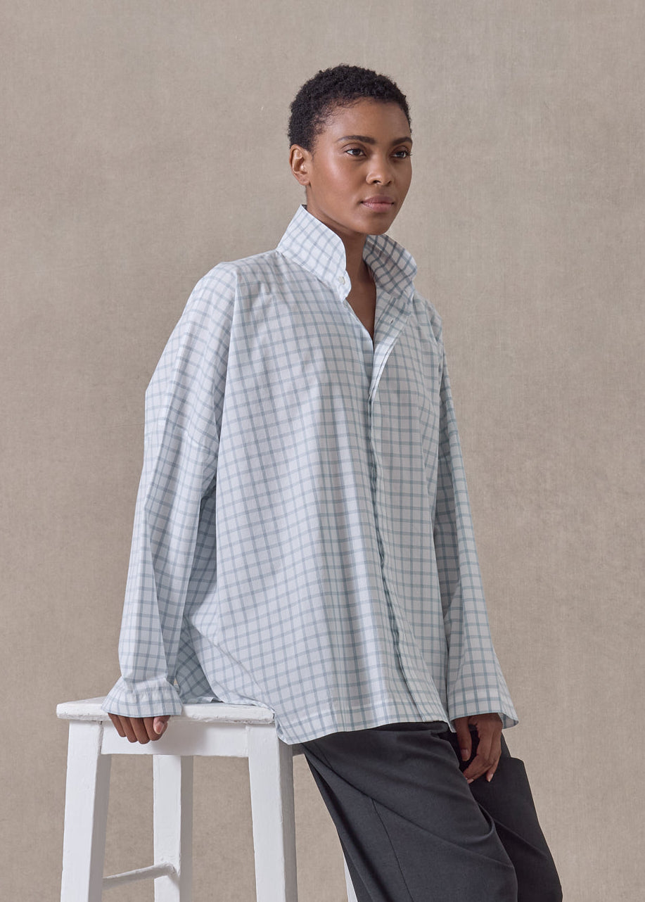 cotton wide longer back double stand collar shirt - mid plus (woadblue)