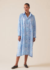 cotton wide a-line shirt dress with collar (damascusblue)