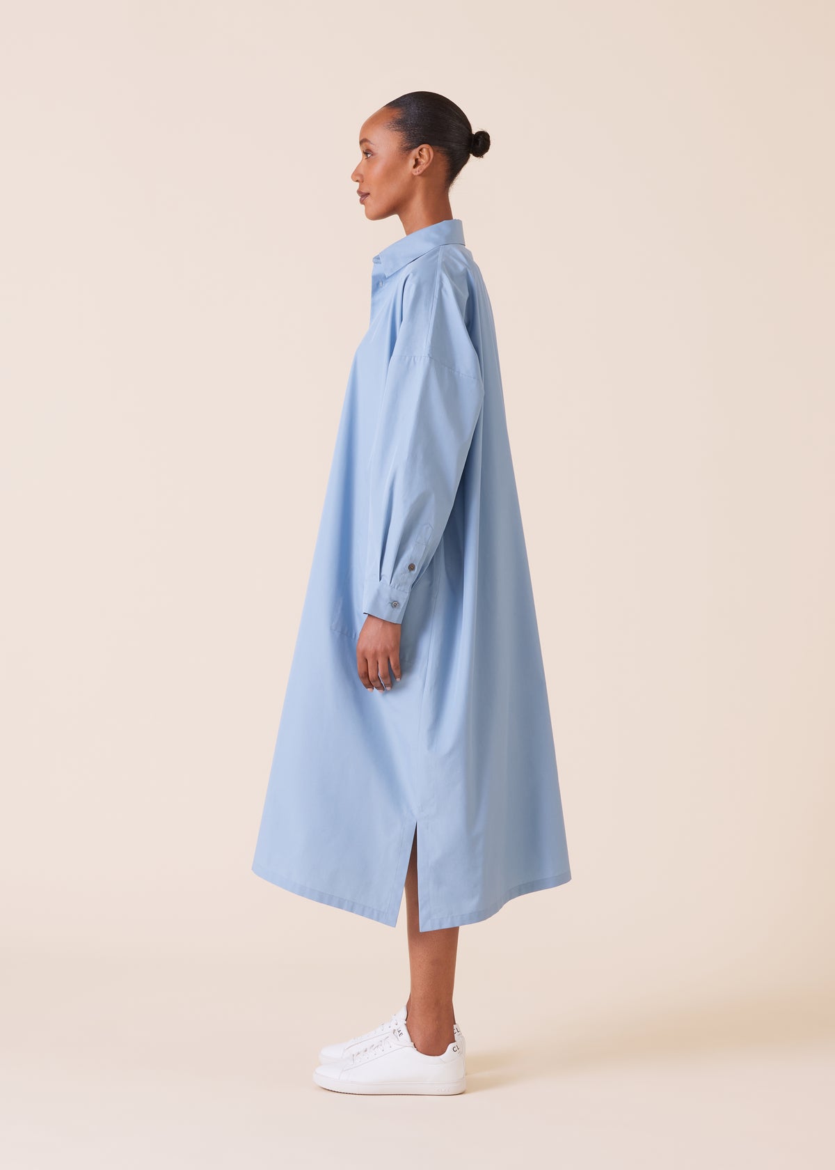 cotton poplin wide a-line shirt dress with collar