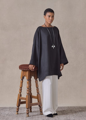 cashmere sloped shoulder scoop neck poncho with hembands - long plus (black)