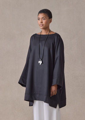 cashmere sloped shoulder scoop neck poncho with hembands - long plus (black)