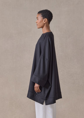cashmere sloped shoulder scoop neck poncho with hembands - long plus (black)