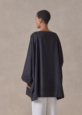 cashmere sloped shoulder scoop neck poncho with hembands - long plus (black)