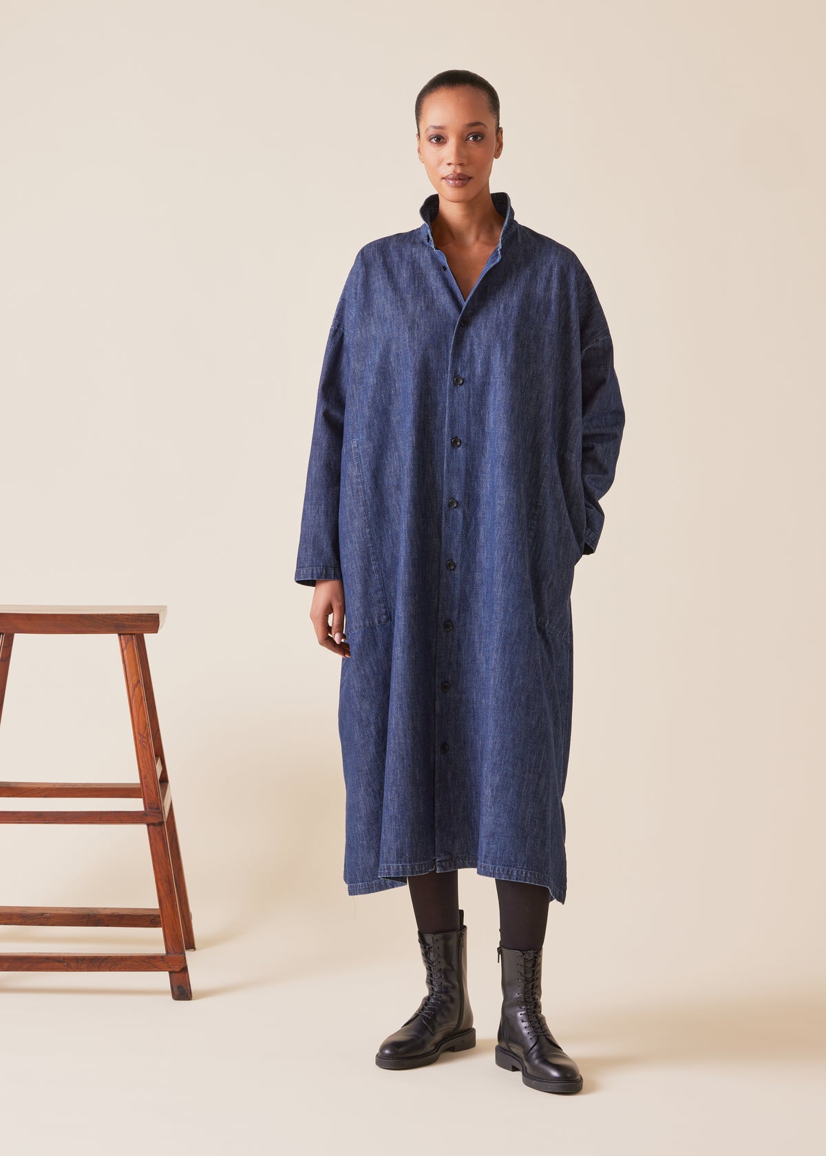 cotton denim wide a-line shirt dress with double stand collar