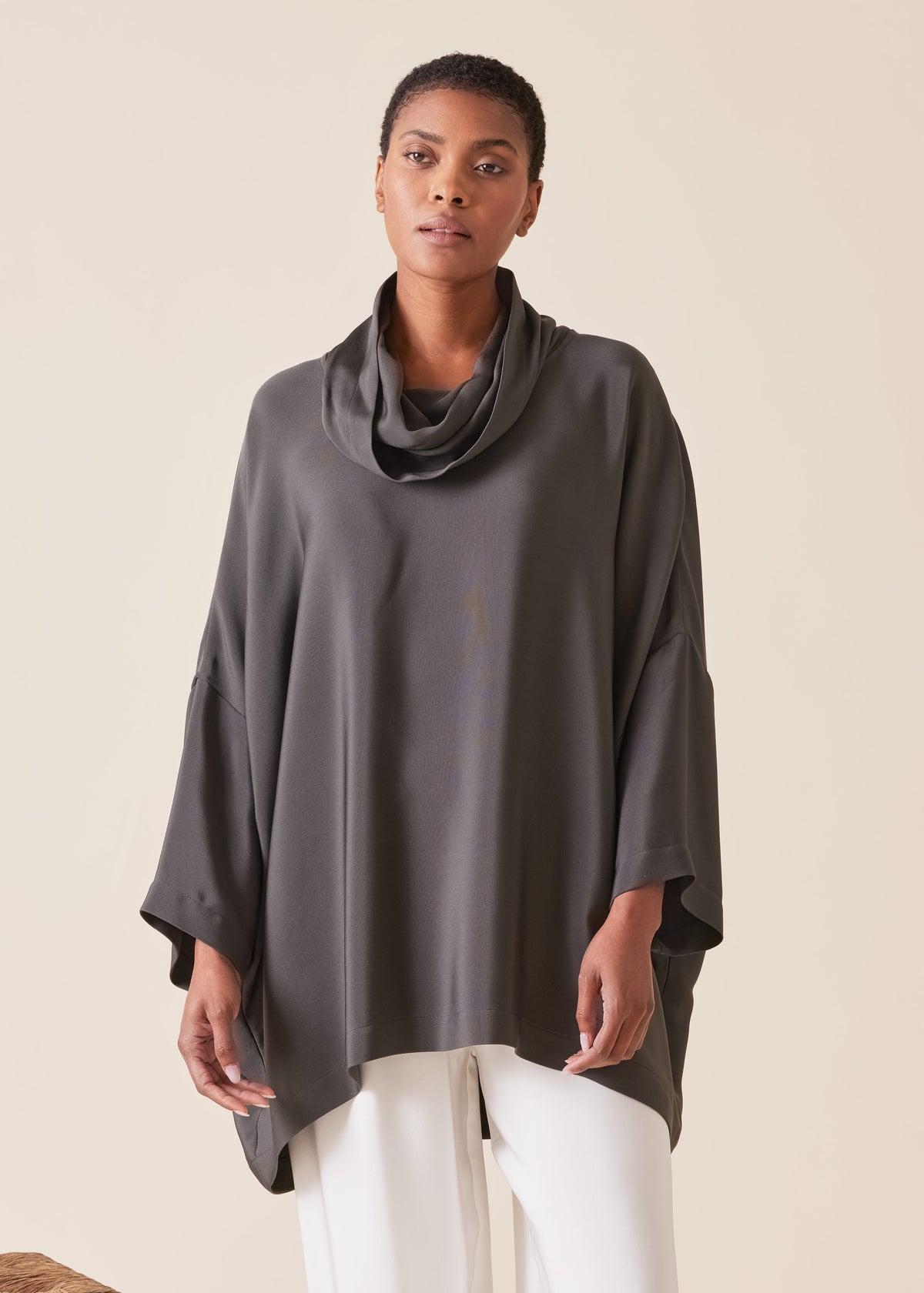 silk sloped shoulder cowl neck top - long (3/4 sleeves) (tar)