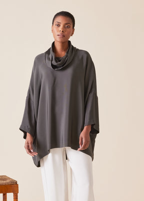 silk sloped shoulder cowl neck top - long (3/4 sleeves)