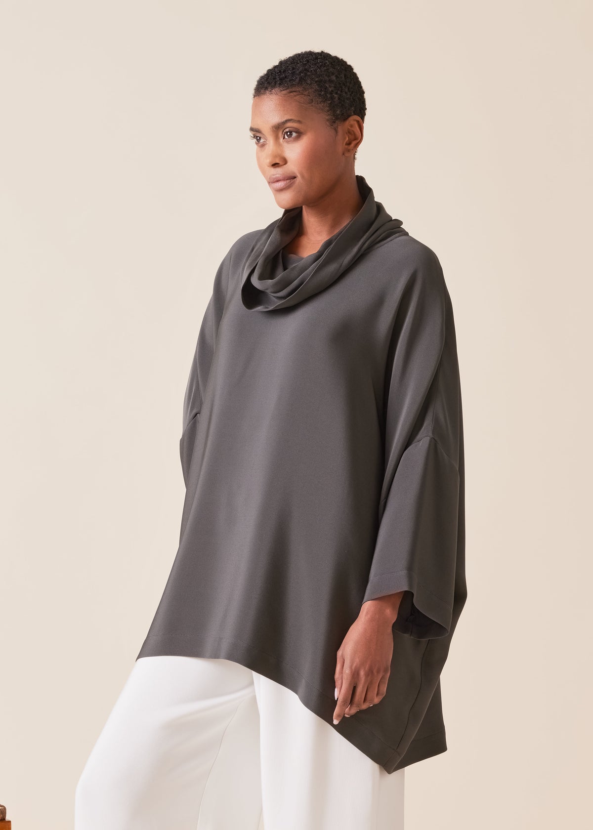 silk sloped shoulder cowl neck top - long (3/4 sleeves) (tar)