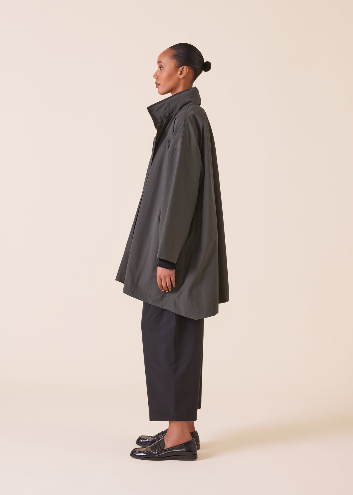 cotton mix smaller front larger back high neck coat with button away hood - long plus