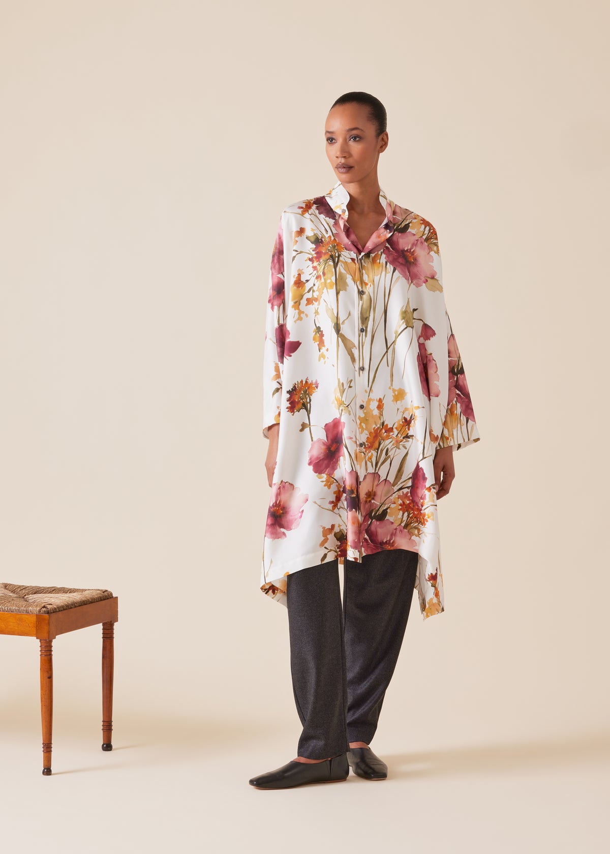wide a-line shirt with double stand collar - very long with slits