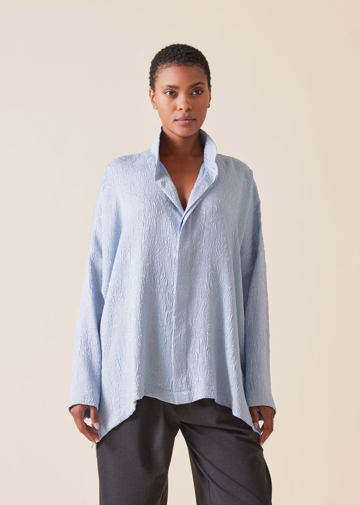 silk wide longer back double stand collar shirt - mid plus