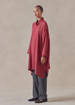 silk wide a-line double stand collar shirt - very long with slits