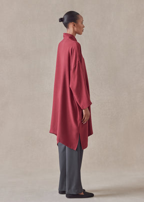 silk wide a-line double stand collar shirt - very long with slits