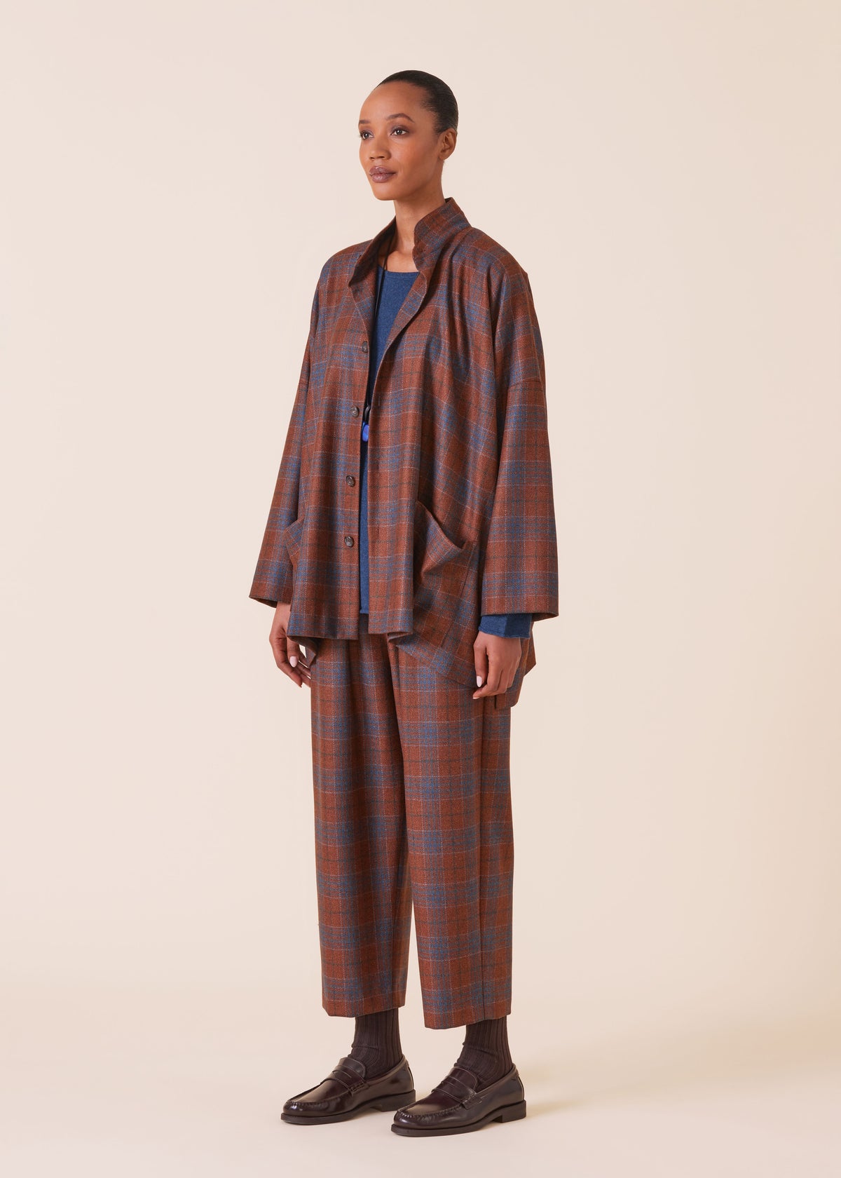 wool silk mix wide longer back double stand collar jacket - long