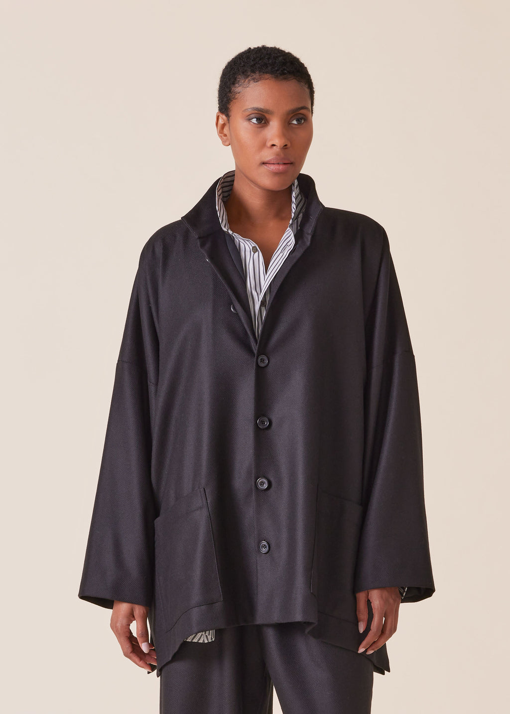 wool silk mix wide stand collar jacket - long (black)
