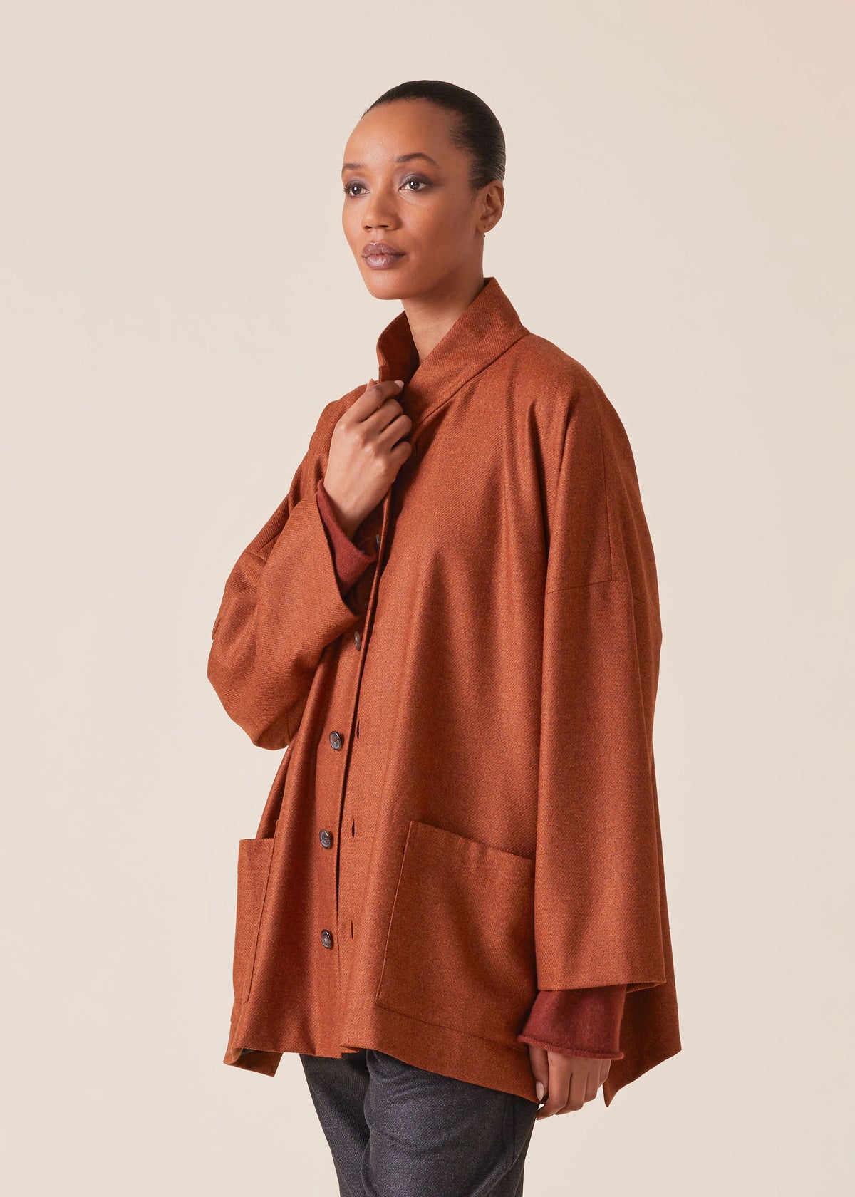wool silk mix wide stand collar jacket - long