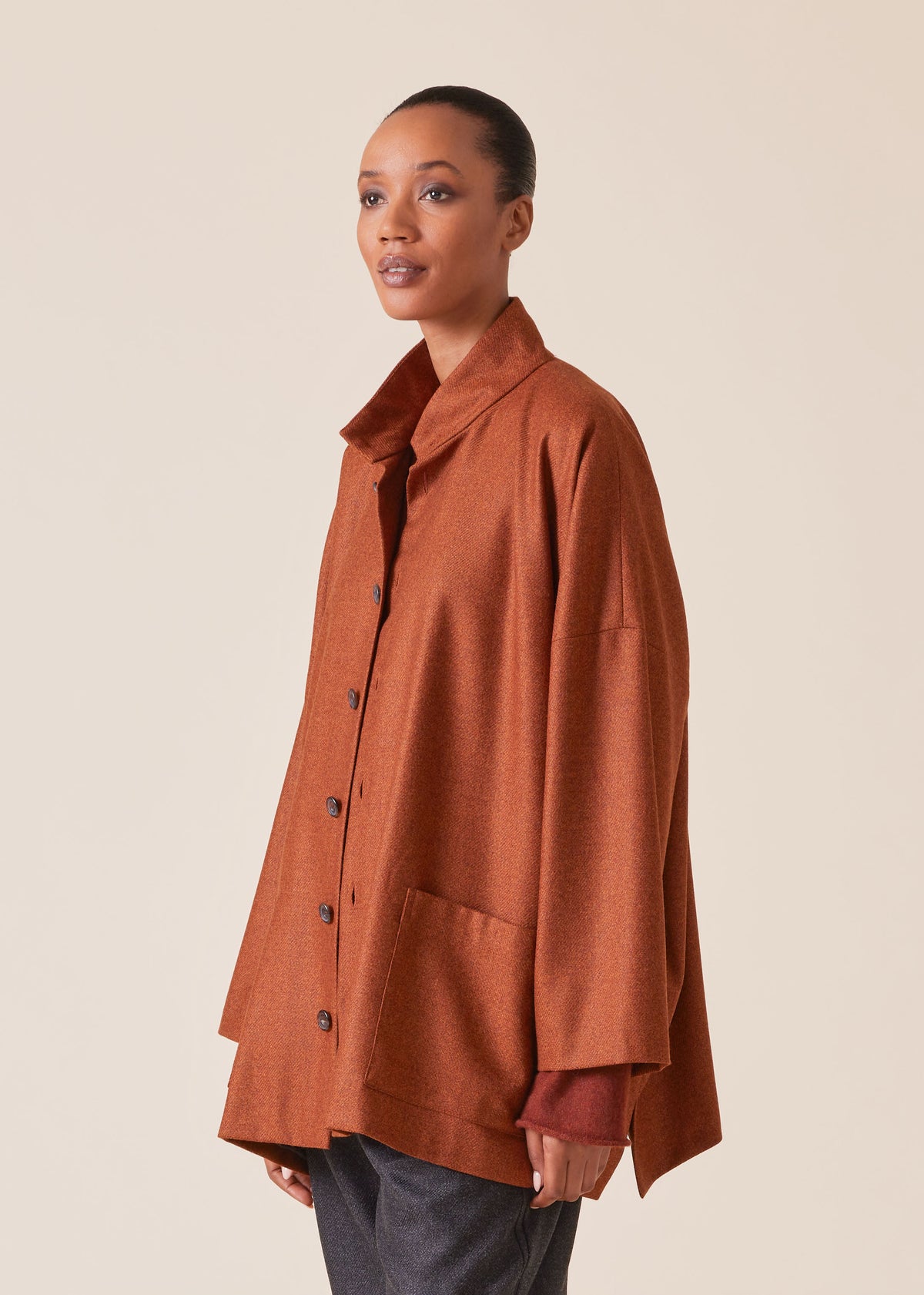 wool silk mix wide stand collar jacket - long