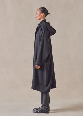 wool cashmere mix wide hooded buttoned coat - 3/4 length