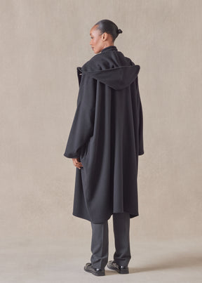 wool cashmere mix wide hooded buttoned coat - 3/4 length