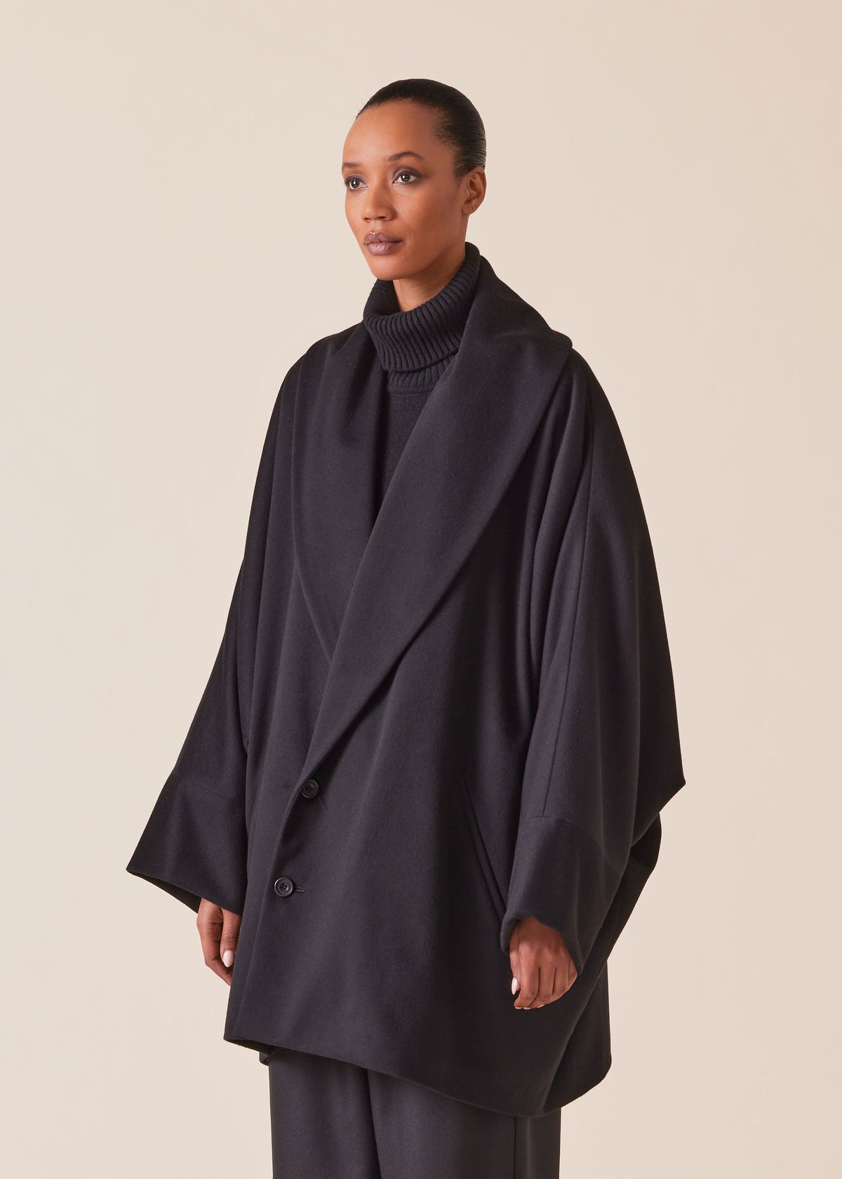 wool cashmere mix sloped shoulder shawl collar cuffed coat - long plus