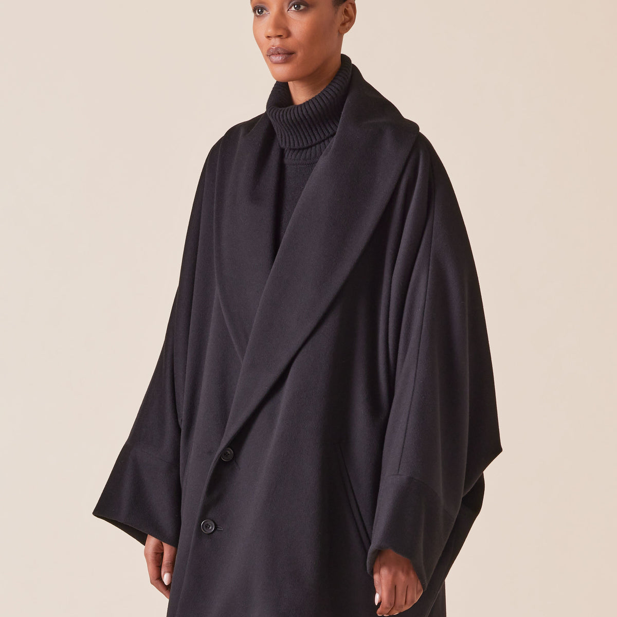 wool cashmere mix sloped shoulder shawl collar cuffed coat