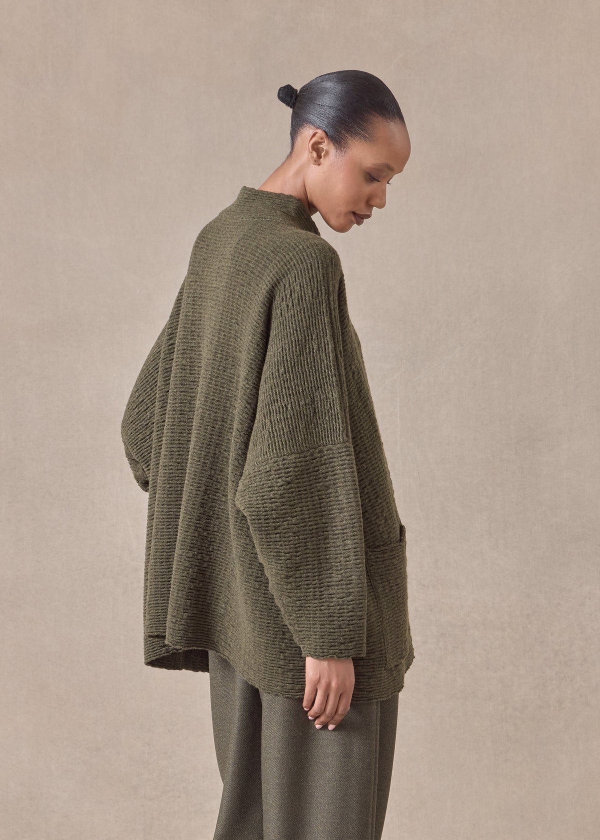 cashmere high neck button cardigan - long (mossbronze)