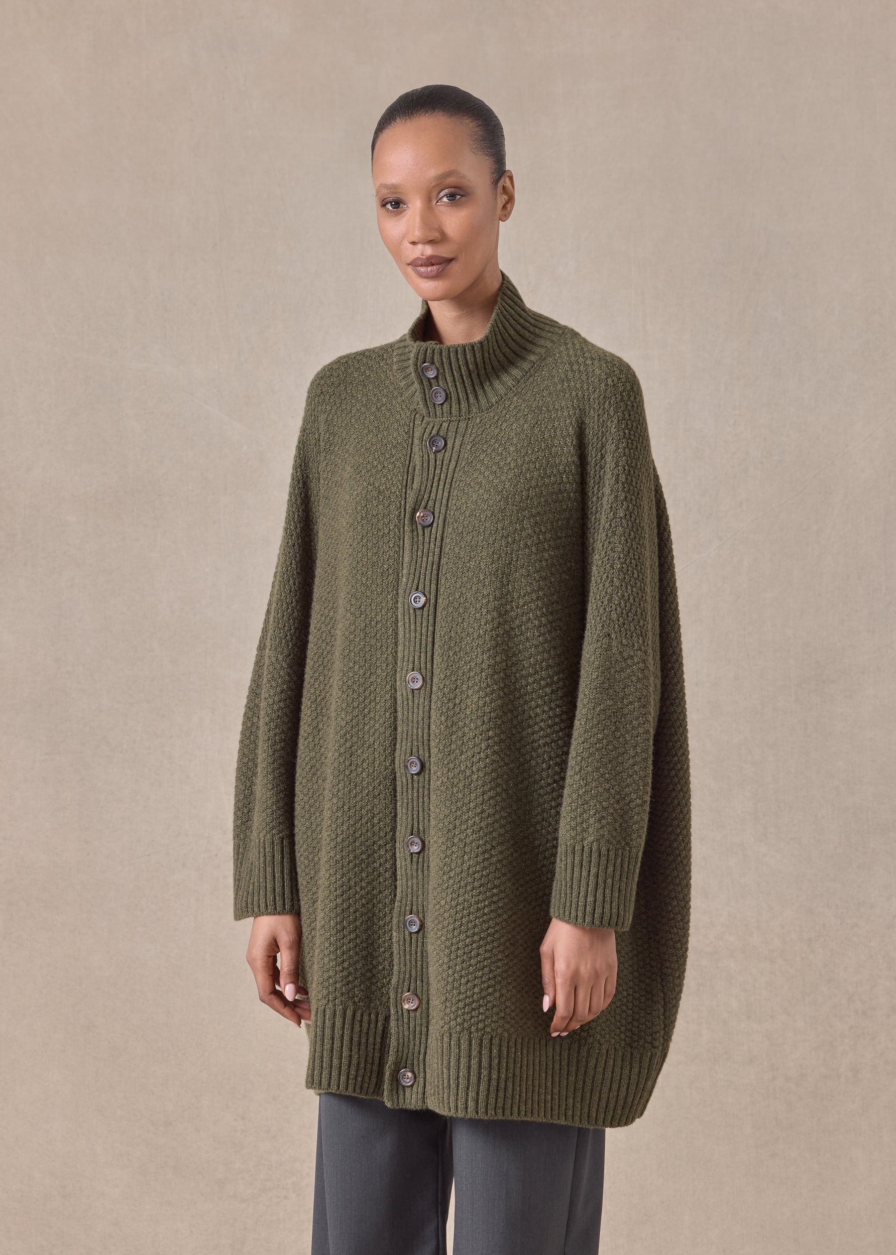 cashmere wide high neck button cardigan - long plus